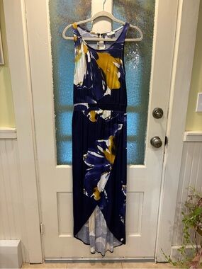 Navy Floral High-Low Maxi Dress with Mustard Accents